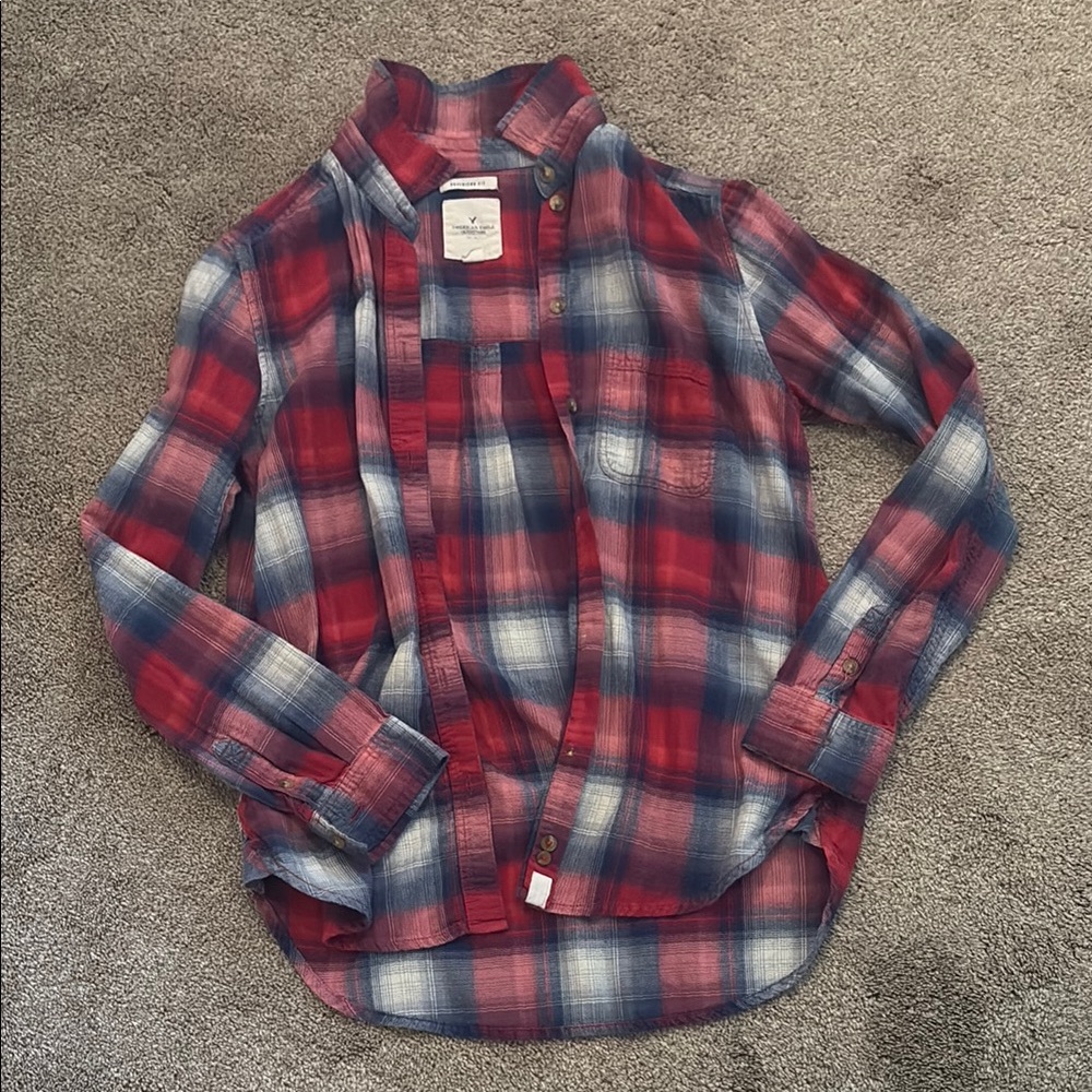 American Eagle Red and Blue Plaid Boyfriend Fit Button-Up Shirt